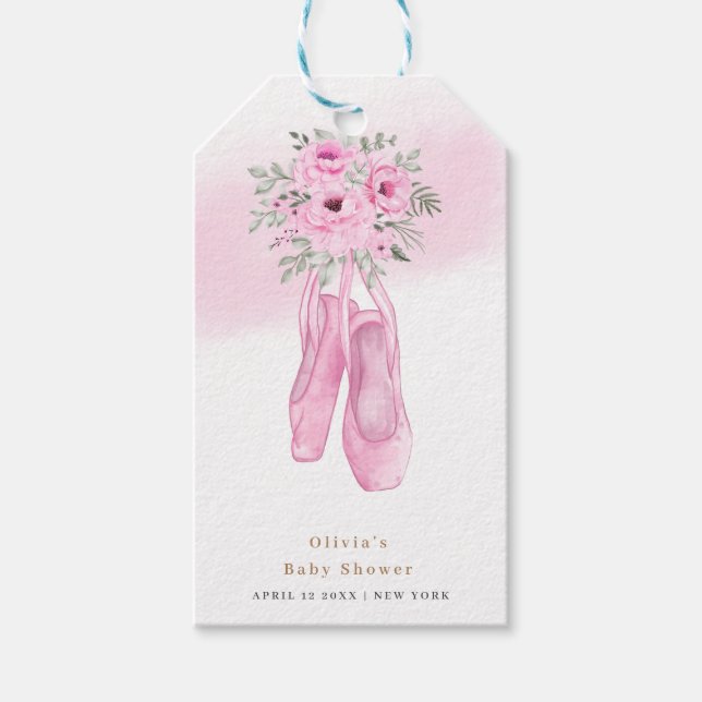 Rosa Elegante Blütenballerina Schuhe Babydusche Geschenkanhänger (Vorderseite)