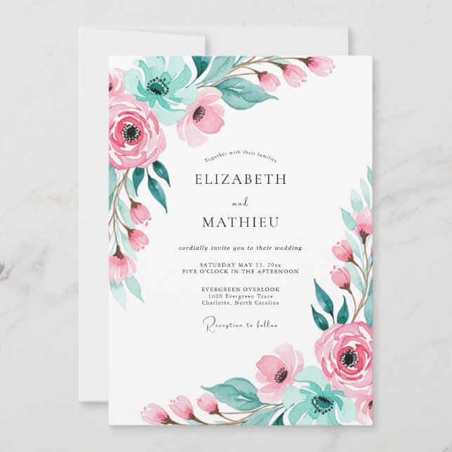 Rosa elegante botanische Hochzeit Einladung (Vorderseite)