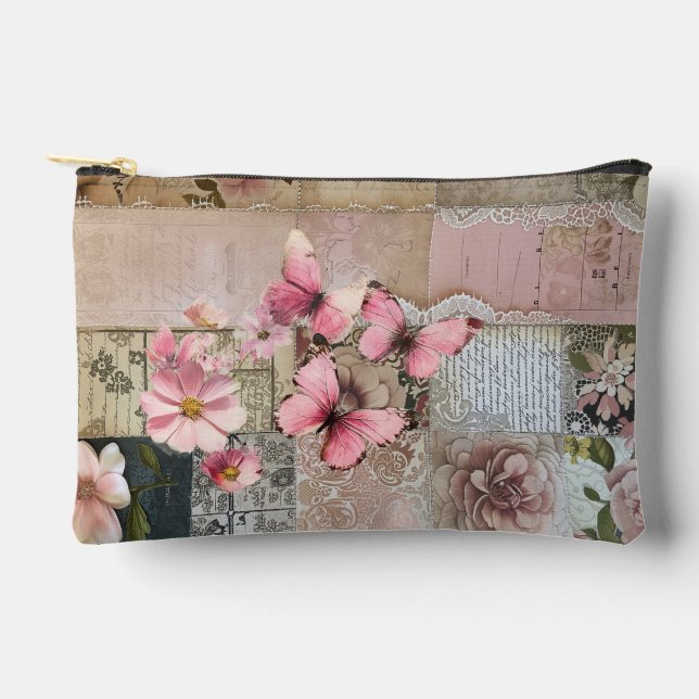 Rosa Elegante Girly Floral Abstrakt Collage Zubehörtasche (Vorderseite)