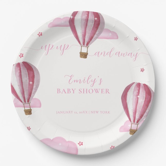 Rosa Elegante Hot Air Ballon Girl Baby Dusche Pappteller (Vorderseite)