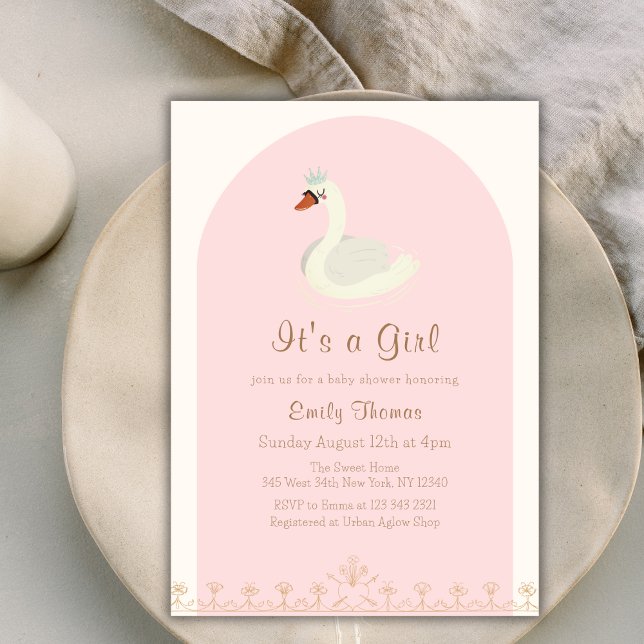 Rosa Elegante Princess Swan Arch Baby Dusche Einladung (Pink Elegant Princess Swan Arch Baby Shower Invitation)