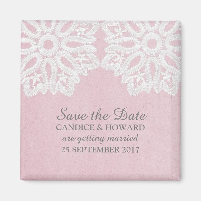 Rosa elegante Spitzen speichern das Datumsfenster Magnet (Vorne)