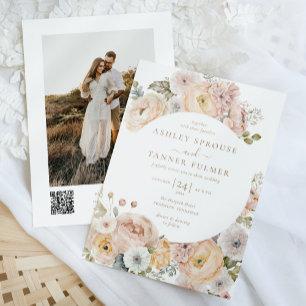 Rosa Elegante Vintage QR Code Foto Hochzeit Einladung