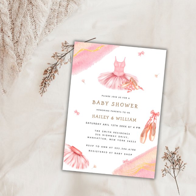 Rosa Elegante Watercolor Ballerina Babydusche Einladung (Pink Elegant Watercolor Ballerina Baby Shower Invitation)
