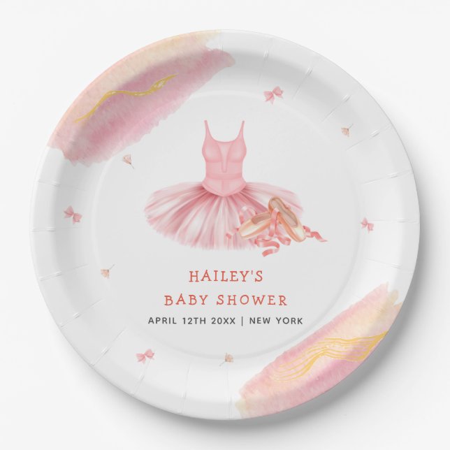 Rosa Elegante Watercolor Ballerina Girl Babydusche Pappteller (Vorderseite)