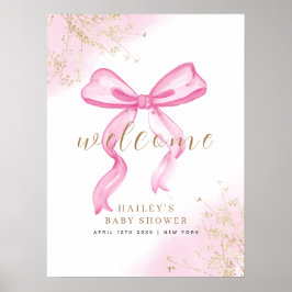 Rosa Elegante Watercolor Bow Welcome Baby Dusche Poster