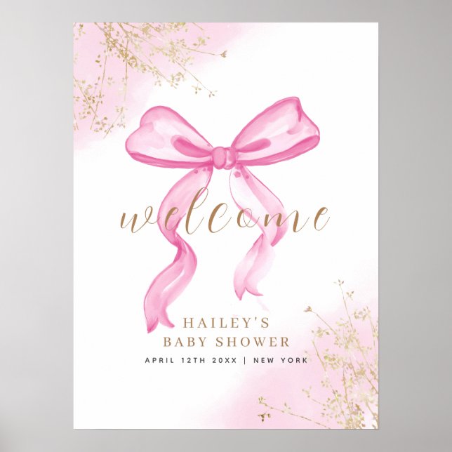 Rosa Elegante Watercolor Bow Welcome Baby Dusche Poster (Vorne)