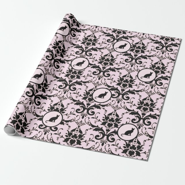 Rosa elegantes Cat Damask Muster Geschenkpapier (Ungerollt)