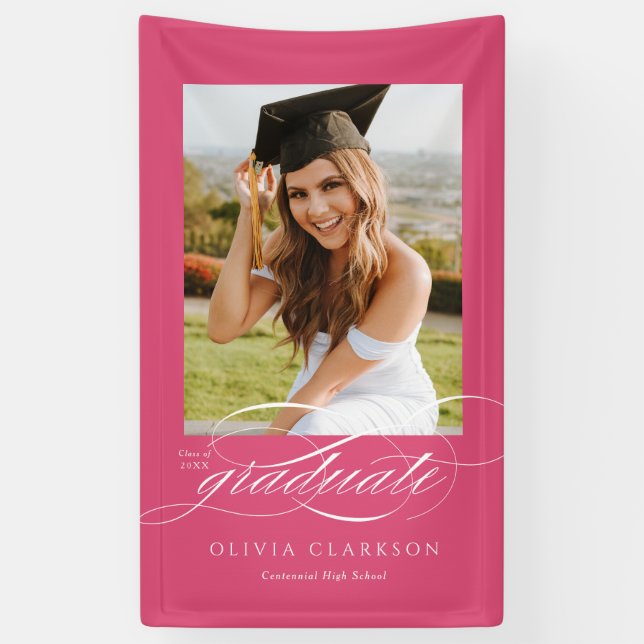 Rosa Elegantes Script Abschluss Foto Party Banner (Vertikal)
