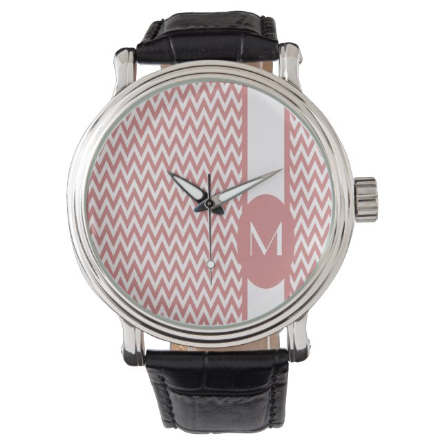 Rosa Elegantes Zickzack Design mit Monogramm Armbanduhr (Vorderseite)