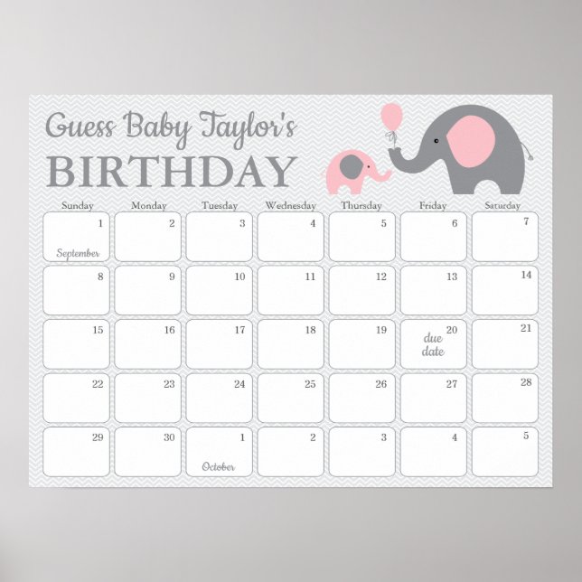 Rosa Elephant Baby Birthday Predictionary Calendar Poster (Vorne)