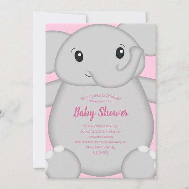 Rosa Elephant Baby Dusche Einladung (Vorderseite)