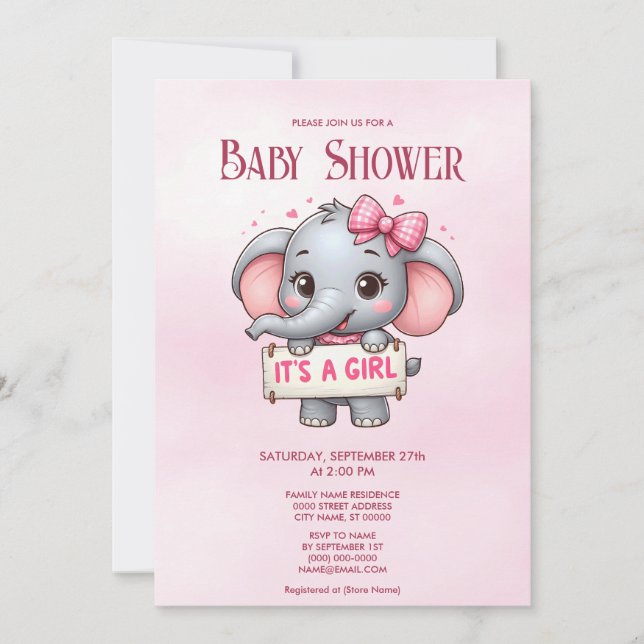 Rosa Elephant Baby Dusche Einladung (Vorderseite)
