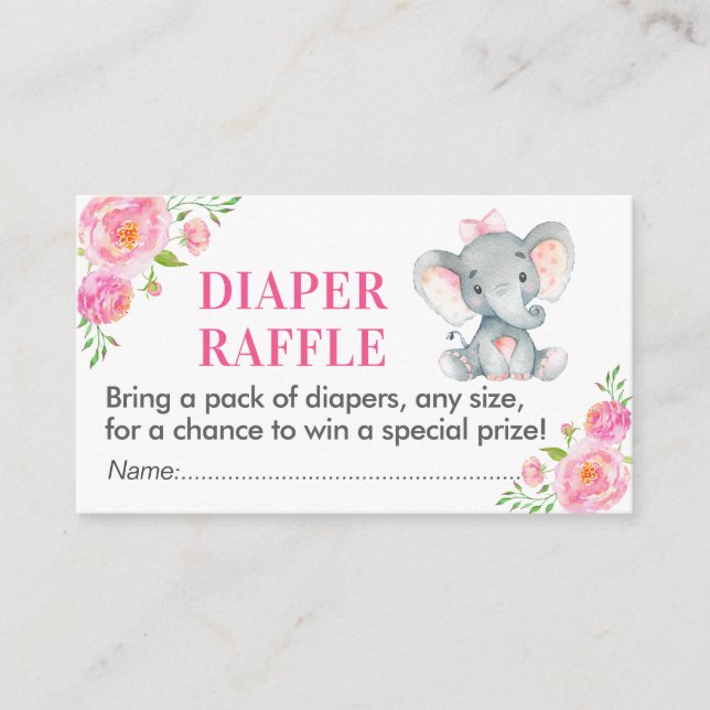 Rosa Elephant Diaper Raffle Ticket Girl Dusche Begleitkarte (Vorderseite)