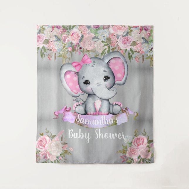 Rosa Elephant Floral Foto Hintergrund Kinderdusche Wandteppich (Vorderseite)