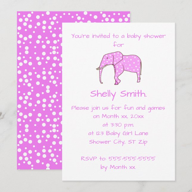 Rosa Elephant White Dots Baby Dusche Einladungen (Vorne/Hinten)
