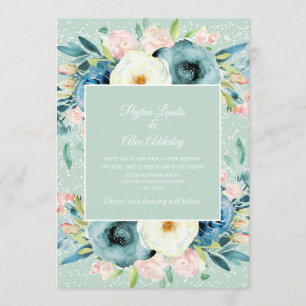 Rosa Elfenbein Creme Blumen Stardust Minze Hochzei Einladung