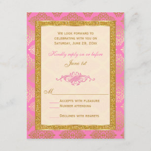 Rosa, Elfenbein, Gold Glitter, Damast Blumen RSVP  Einladung