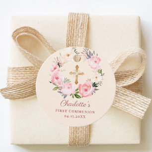 Rosa Elfenbein-Rosen-Blumenkranz First Communion D Geschenkanhänger