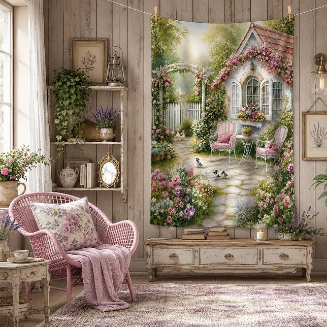 Rosa englische Cottage-Gartenszene | Fleecedecke (Von Creator hochgeladen)