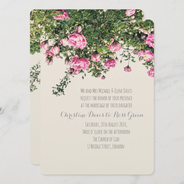 Rosa englische Rose, blumengeschmückte Hochzeit Einladung (Vorne/Hinten)
