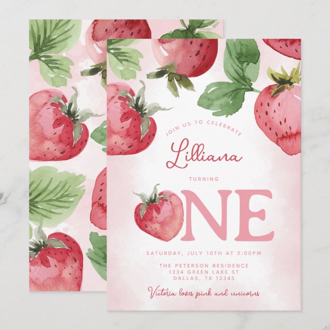Rosa Erdbeere 1. Geburtstag Party Einladung (Vorne/Hinten)