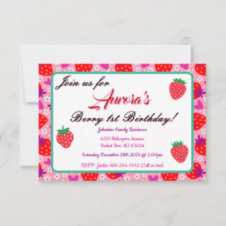 Rosa Erdbeere am 1. Geburtstag Party Einladung