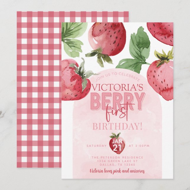 Rosa Erdbeere Berry Erster Geburtstag Party Einladung (Vorne/Hinten)
