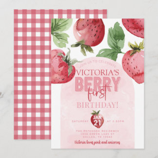 Rosa Erdbeere Berry Erster Geburtstag Party Einladung