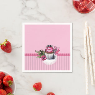 Rosa Erdbeere Cupcake mit rosa Blume Napkins Serviette