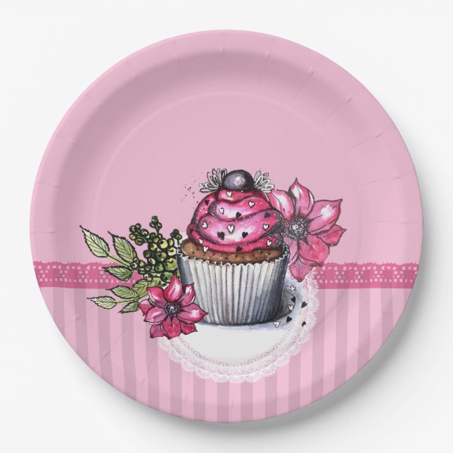 Rosa Erdbeere Cupcake Paper Party Teller (Vorderseite)