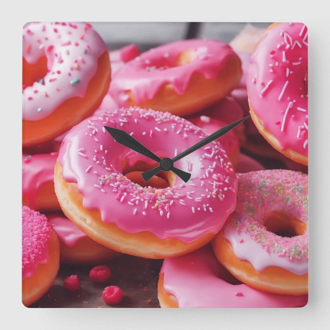 Rosa Erdbeere Donuts Quadratische Wanduhr (Vorderseite)