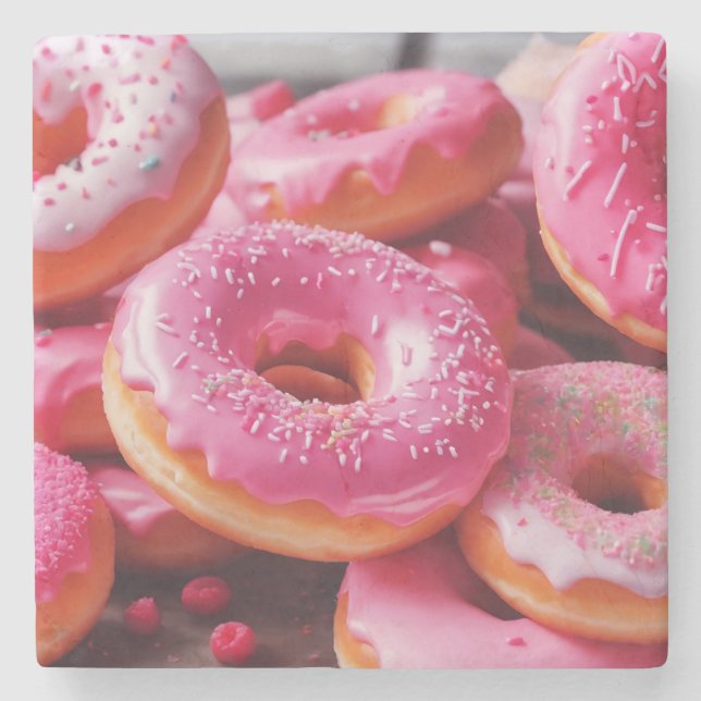 Rosa Erdbeere Donuts Steinuntersetzer (Vorderseite)