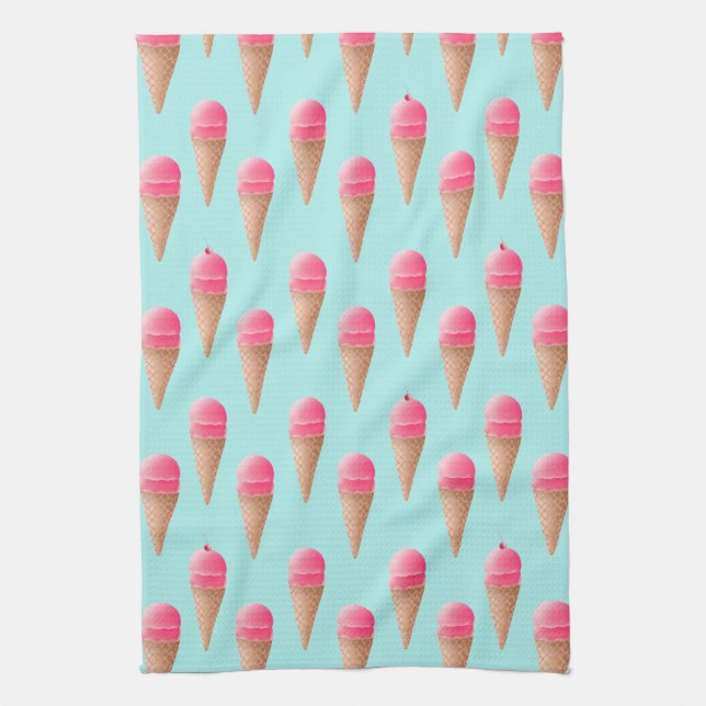 Rosa Erdbeere Eis Crememuster, blau Geschirrtuch (Vertikal)