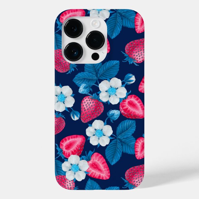Rosa Erdbeeren auf blau Case-Mate iPhone Hülle (Rückseite)