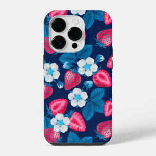 Rosa Erdbeeren auf Blau iPhone 14 Pro Hülle