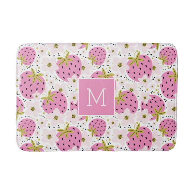 Rosa Erdbeeren Custom Monogram Badematte (Vorderseite)