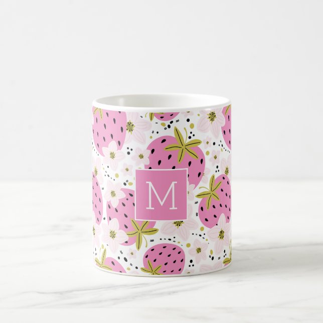 Rosa Erdbeeren Custom Monogram Kaffeetasse (Mittel)