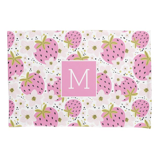 Rosa Erdbeeren Custom Monogram Kissenbezug (Vorderseite)