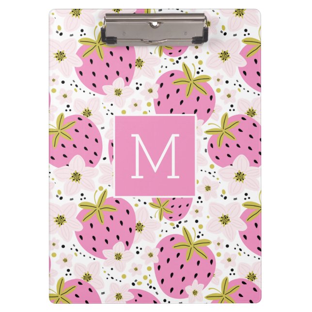 Rosa Erdbeeren Custom Monogram Klemmbrett (Vorderseite)