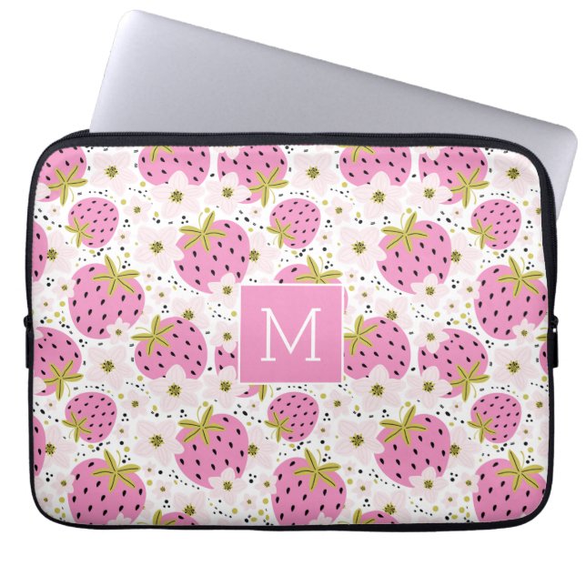 Rosa Erdbeeren Custom Monogram Laptopschutzhülle (Vorderseite)