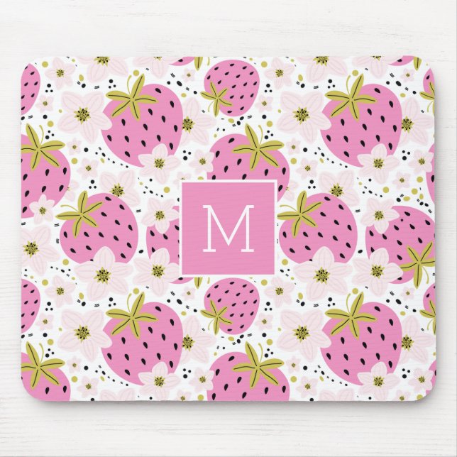 Rosa Erdbeeren Custom Monogram Mousepad (Vorne)