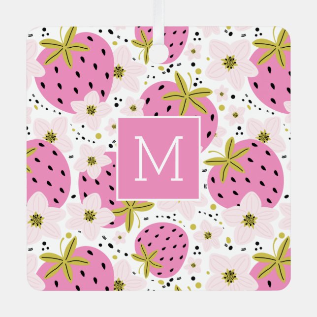 Rosa Erdbeeren Custom Monogram Ornaments Ornament Aus Metall (Vorderseite)