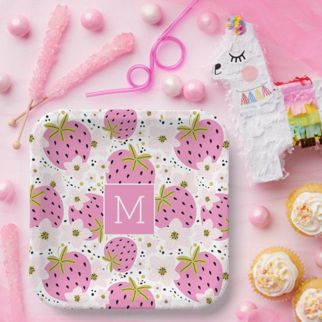 Rosa Erdbeeren Custom Monogram Pappteller (Party)