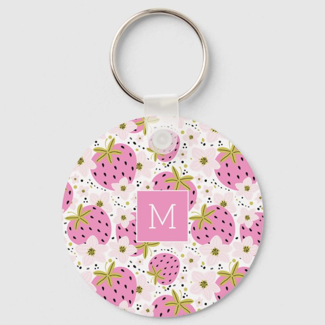 Rosa Erdbeeren Custom Monogram Schlüsselanhänger (Vorderseite)