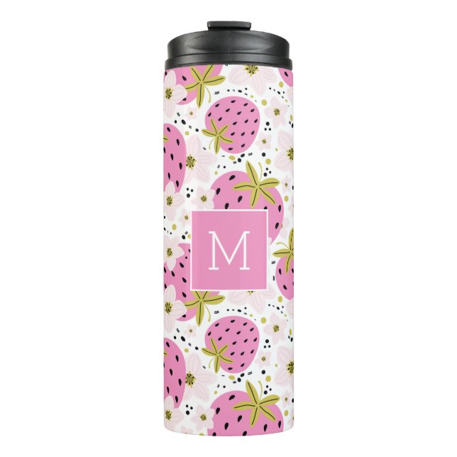 Rosa Erdbeeren Custom Monogram Thermosbecher (Vorderseite)