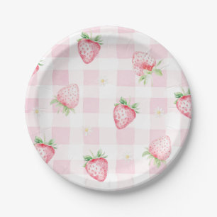 Rosa Erdbeeren Gingham Beere Erster 1. Geburtstag Pappteller