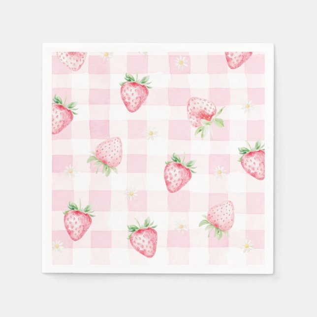 Rosa Erdbeeren Gingham Erdbeere Erster 1. Geburtst Serviette (Vorderseite)