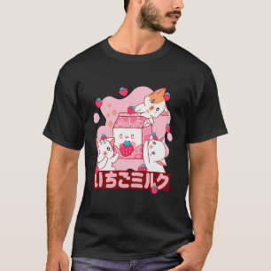 Rosa Erdbeermilch Japanisch Kawaii Katze T-Shirt