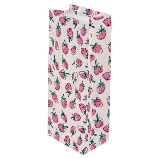 Rosa Erdbeermuster Geschenktüte Für Weinflaschen (Vorderseite Schrägansicht)
